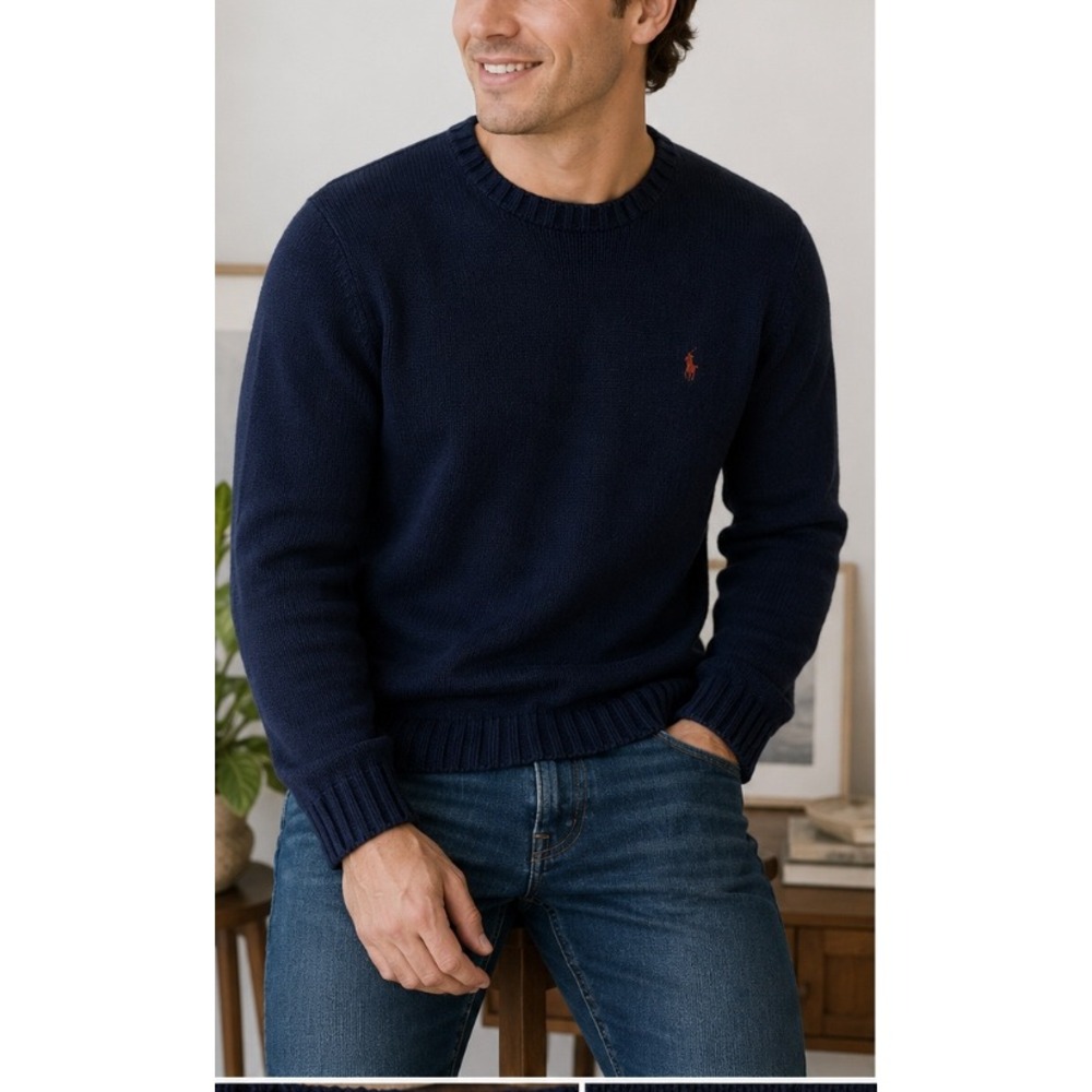 Polo Ralph Lauren Mens Navy Blue 100% Cotton Crewneck Knit Sweater Large Pony Lo